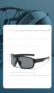 Macro detail of oversized PC sports sunglasses with streamlined black frame and grey lens