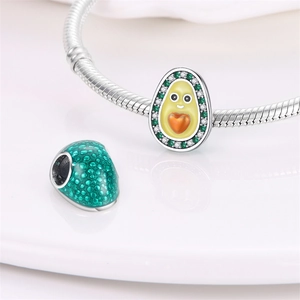 Silver plated avocado charm and green textured bead for DIY bracelets jewelry gift