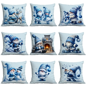 Christmas Pillowcase Blue Winter Gnome Print Short Plush Soft Cushion Cover For Home Sofa Decor Winter Holiday Gift