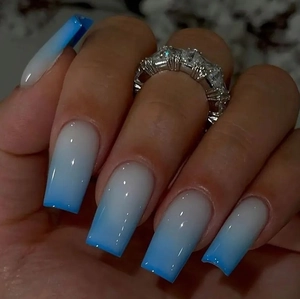 Long Square Press On Nails Blue White Ombre Gradient Glossy ABS Plastic Fake Nails For Women Fashion Manicure