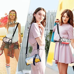 Tre viste lifestyle di una borsa a tracolla cilindrica in PVC trasparente impermeabile