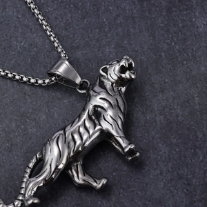 Polished silver-tone viking tiger pendant necklace for men with textured steel finish