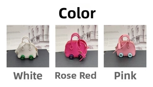 Mini car-shaped shell bags in white, rose red, and pink with decorative wheels and straps