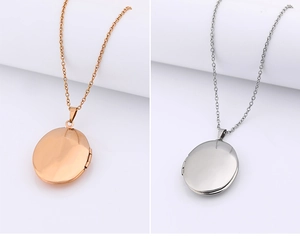 Dual view of rose gold and silver oval locket necklaces on a minimalist white background