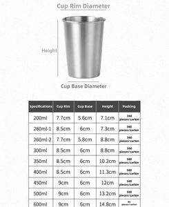 Size chart showing height and diameter for stainless steel cups in 200ml to 600ml capacities
