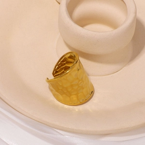 Stainless Steel Hammered Texture Open Adjustable Ring Gold Color Wide Band Water Ripple Fashion Jewelry For Women