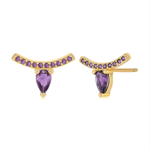 Detailed close-up of gold-plated drop-shaped purple zircon earrings with S925 silver pins