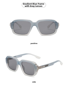 Detail view of square aviator sunglasses with gradient blue frames and grey lenses