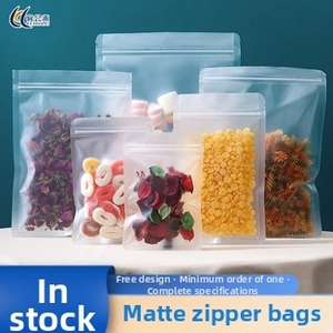 Frosted translucent resealable stand-up pouches in various sizes for food storage
