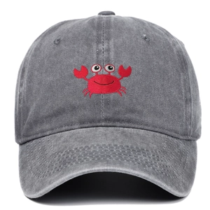 Macro detail of red crab embroidery on washed grey cotton denim vintage baseball cap