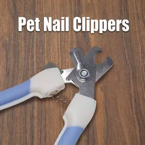 Ergonomic stainless steel pet nail clipper with blue and white handle for cats and dogs
