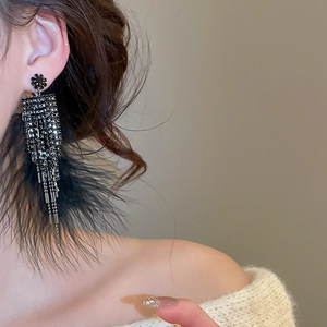 Détail de longues boucles d'oreilles à plumes noires avec strass sombres sur un modèle