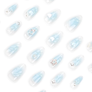Blue gradient almond press-on nails with 3D silver stars, hearts, and mini pearls decoration