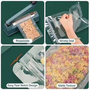 Frosted self-sealing food bags with heat-sealable design and easy-tear notch
