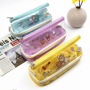 Trousse À Crayons Double Couche Grande Capacité PU PVC Transparent Sac À Papeterie Pour Étudiant Design Dessin Animé