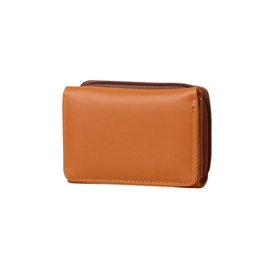 Compact brown lychee leather tri-fold wallet for women with zipper coin pocket and card slots