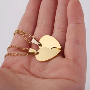 Customizable heart puzzle necklaces in gold stainless steel for couples or friends