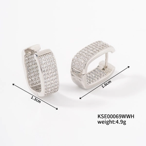 Detail view of silver rectangular hoop earrings with pave-set white zircons measuring 1.3cm x 1.6cm