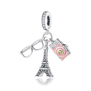 Silver Eiffel Tower camera and glasses charm bead for bracelet with pink enamel