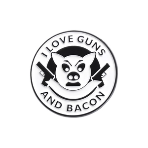 Round enamel pin featuring a cartoon pig with guns and I Love Guns and Bacon text
