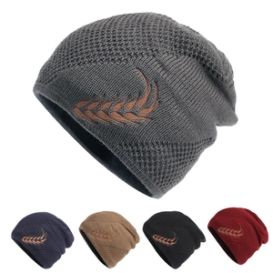 Winter Beanie Hat Knit Acrylic Fleece Lined Warm Thick Embroidered Wheat Ear Leaf Pattern Windproof Outdoor Unisex