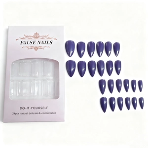 Glossy dark purple stiletto false nails 24pcs set in almond shape with packaging box