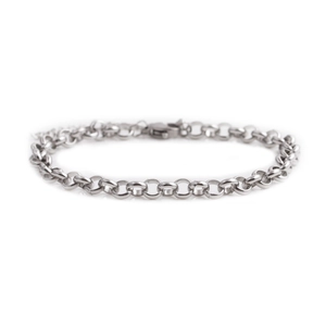 Detailed silver stainless steel chain link bracelet with secure lobster clasp closure