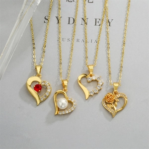 Heart Pendant Necklace Gold Plated Copper Micro Inlaid Zircon Faux Artificial Pearl Red Gemstone Rose Flower Romantic Gift Women