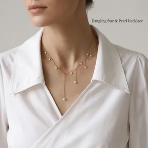 Elegant gold-plated tassel necklace with zircon charms worn by a model in white