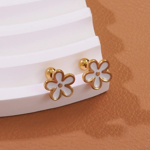 Elegant gold-plated flower stud earrings with white enamel and screw back closures