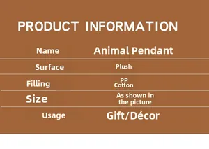 Detailed spec sheet for plush animal keychain made of soft fabric and PP cotton filling