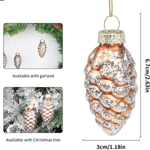 Champagne gold pine cone Christmas glass ornament with silver glitter and gold string