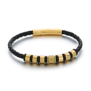 Men's woven black leather bracelet with gold stainless steel accents and magnetic clasp