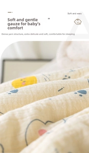 Macro detail of breathable soft cotton gauze stroller cushion with sun and footprint patterns