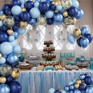 Blue and gold balloon arch kit for boys' birthday party featuring metallic balloons