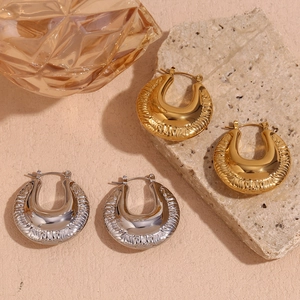 Vintage Stainless Steel Irregular Texture Chunky Hoop Earrings For Women 18K Gold Plated Geometric Hollow Statement Jewelry