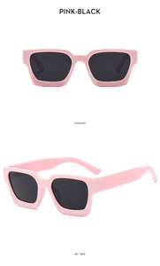 Front and 45-degree side views of square pink frame sunglasses with black lenses