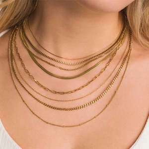 Chic 18K gold plated multi-layer stainless steel necklace set with figaro and snake chains