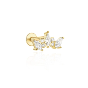 Detailed macro view of a gold S925 silver moon stud earring with clear sparkling diamonds