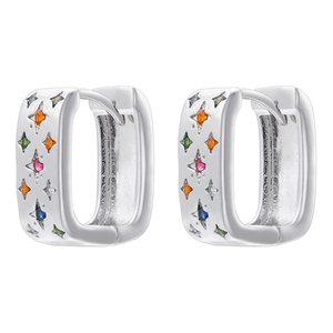 Silver rectangle hoop earrings with star-shaped settings and colorful zircon crystals