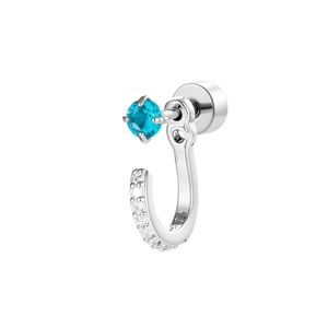 Elegant silver U-shaped titanium steel earring with blue gemstone and zircon accents