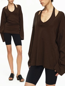 Brown two-piece long sleeve top with halter inner layer and loose knit design