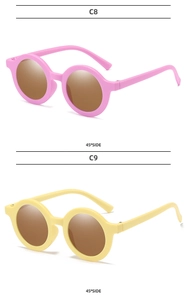 Detailed side view of pink and yellow round frame matte sunglasses for children
