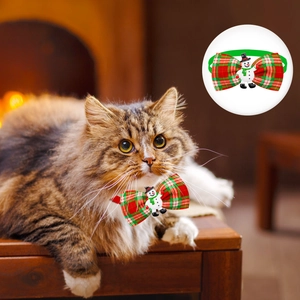 Close-up of a Christmas plaid pet bowtie with snowman charm worn by a fluffy cat