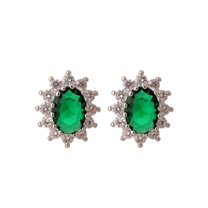Elegant silver sunflower stud earrings with green oval gemstone and zircon halo
