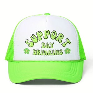 Neon green trucker hat with Support Day Drinking print and breathable mesh back