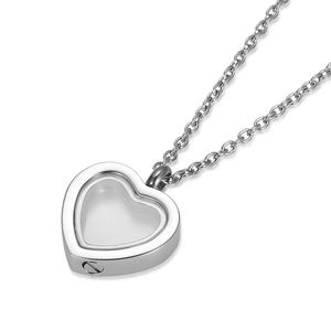 Polished stainless steel heart cremation urn necklace with transparent photo frame pendant