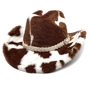 Cappello da cowboy in morbido peluche con stampa mucca marrone e bianca e corda intrecciata