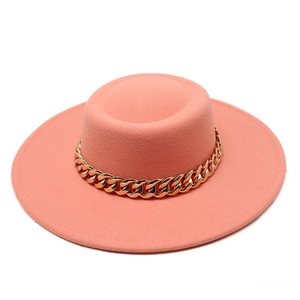 Pink flat top wool felt fedora hat for women with chunky gold chain decoration