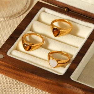 Vintage 18k gold stainless steel rings with heart-shaped tiger eye and white shell inlays
